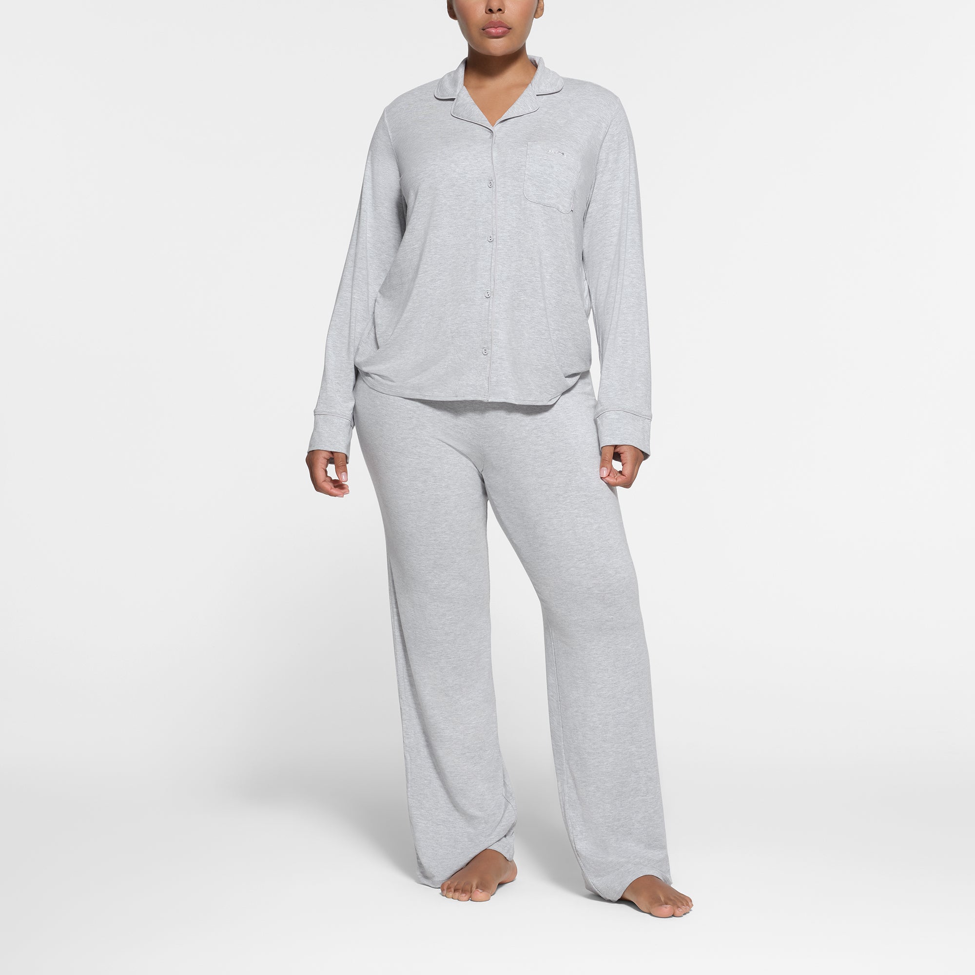 SKIMS SLEEP LONG SLEEVE BUTTON UP SET | LIGHT HEATHER GREY - Sneaker Türkiye