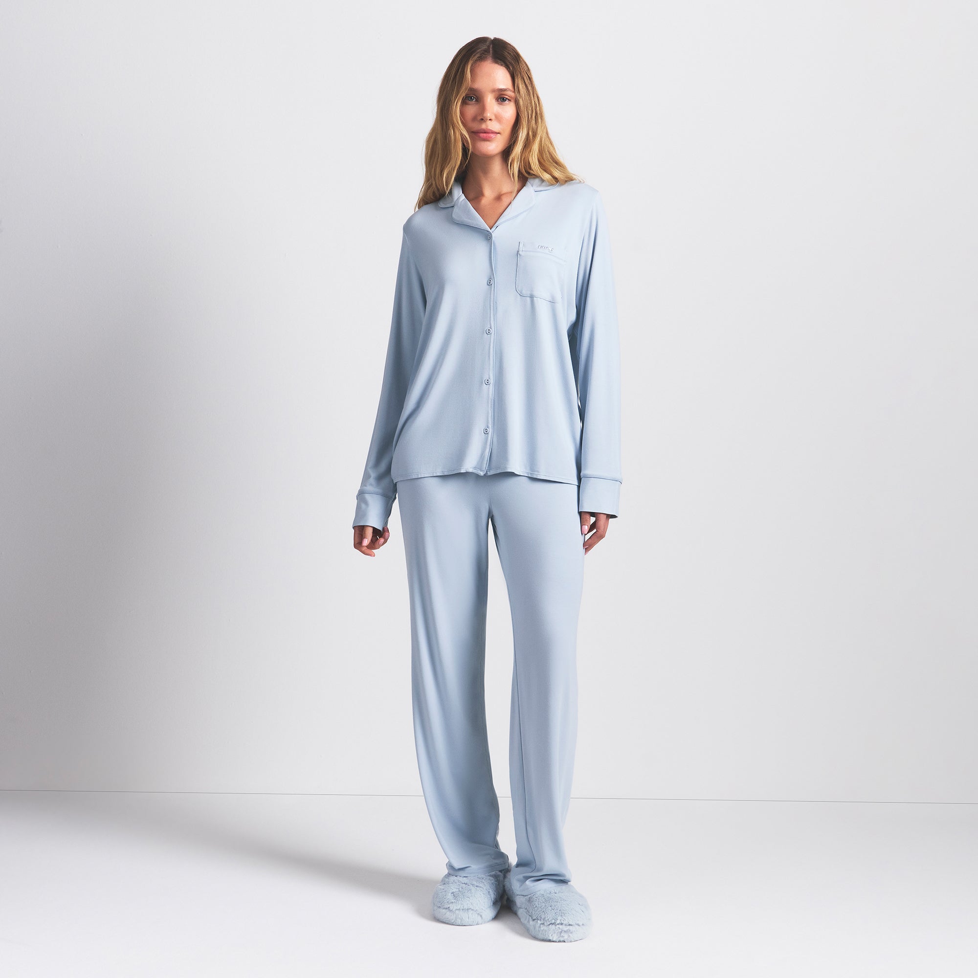 SKIMS SLEEP LONG SLEEVE BUTTON UP SET | ZEN BLUE - Sneaker Türkiye