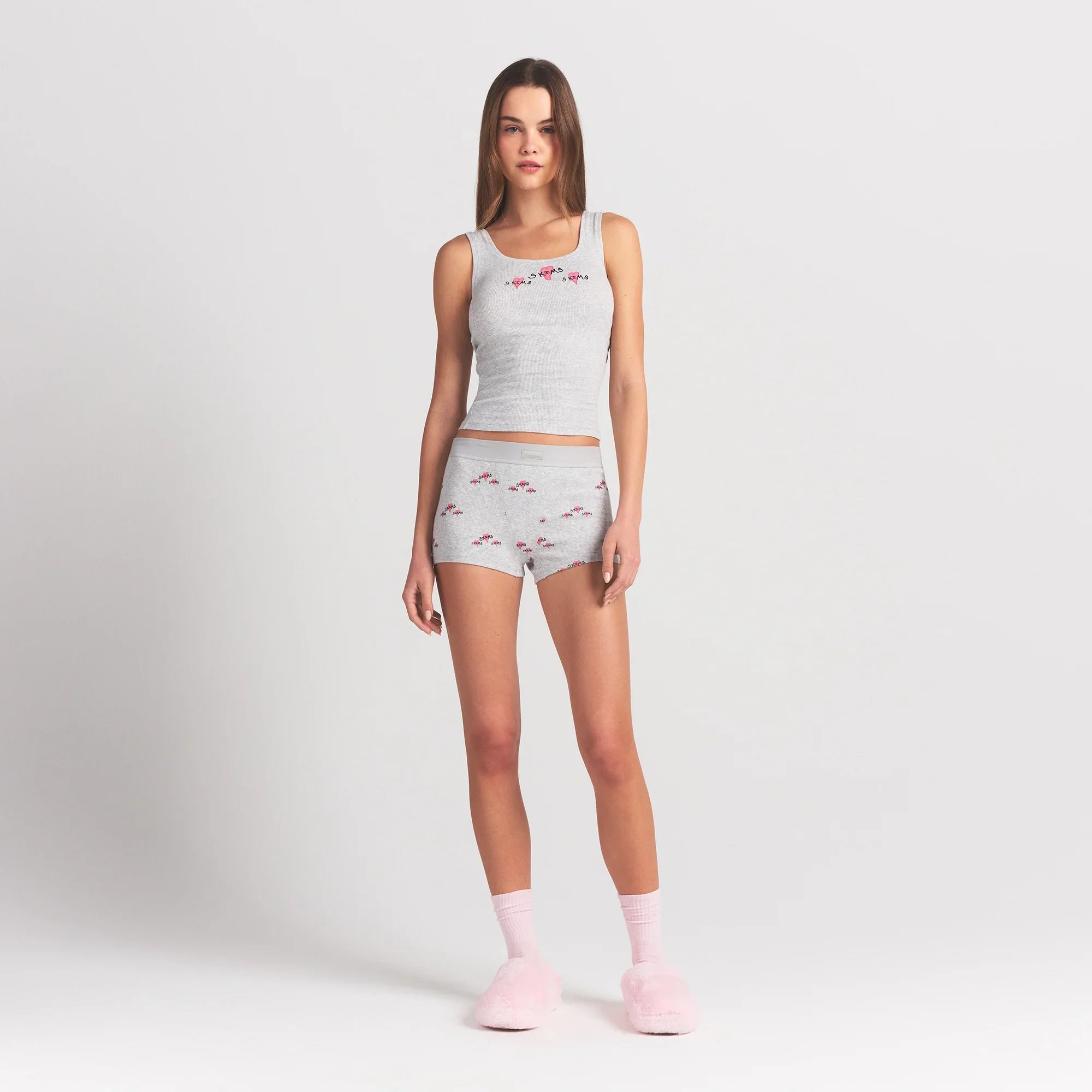 SKIMS COTTON RIB TANK AND SHORT SET | LIGHT HEATHER GREY TRIPLE HEARTS - Sneaker Türkiye