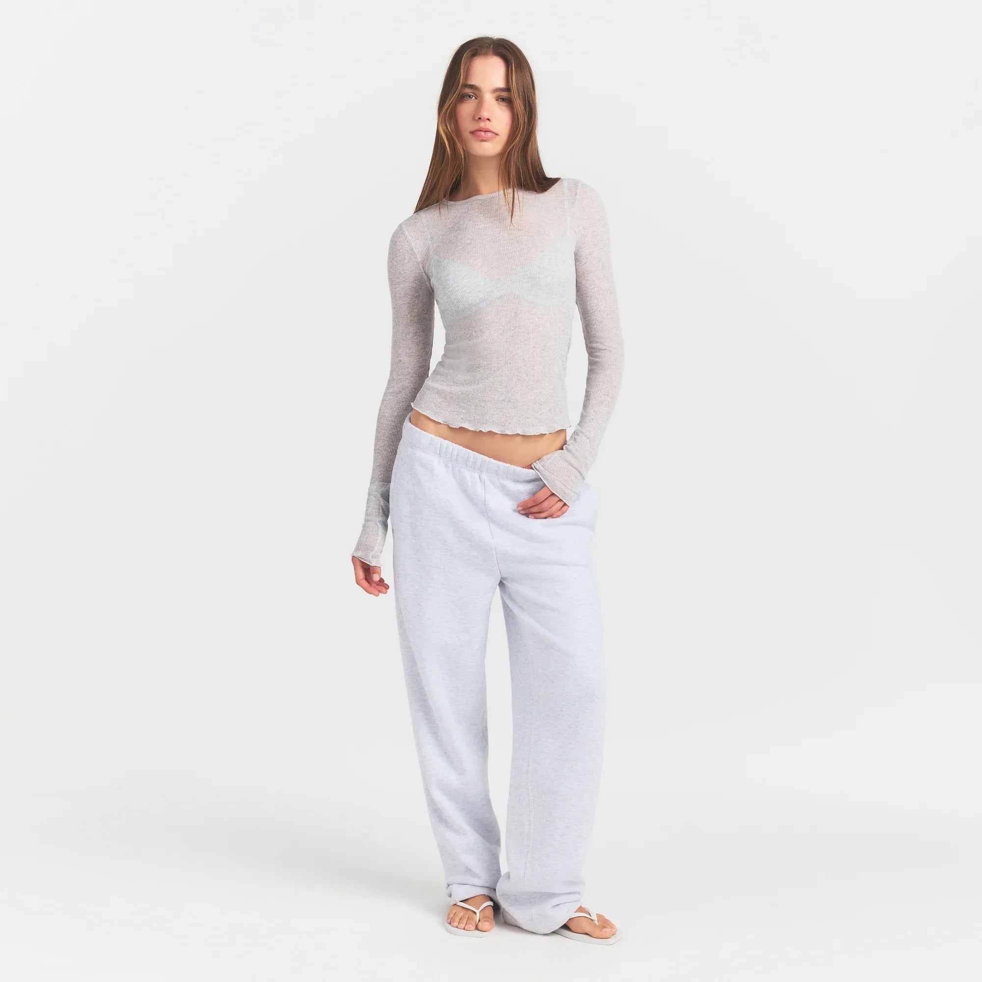 SKIMS SHEER RIB LONG SLEEVE TOP | LIGHT HEATHER GREY - Sneaker Türkiye