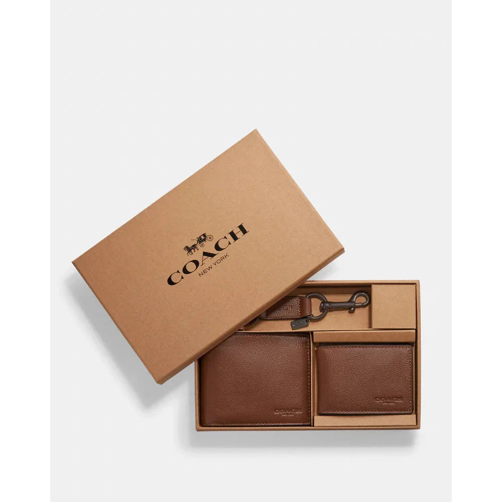 Coach 3 In 1 Wallet Gift Set Pebbled Leather/Dark Saddle - Sneaker Türkiye