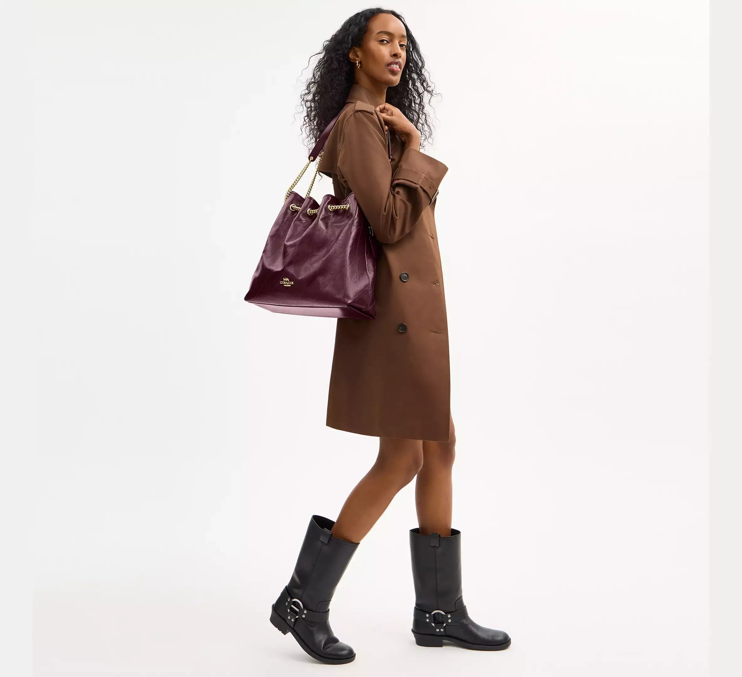 Coach Evelyn Large Shoulder Bag With Quilting – Gold/Dark Wine - Sneaker Türkiye
