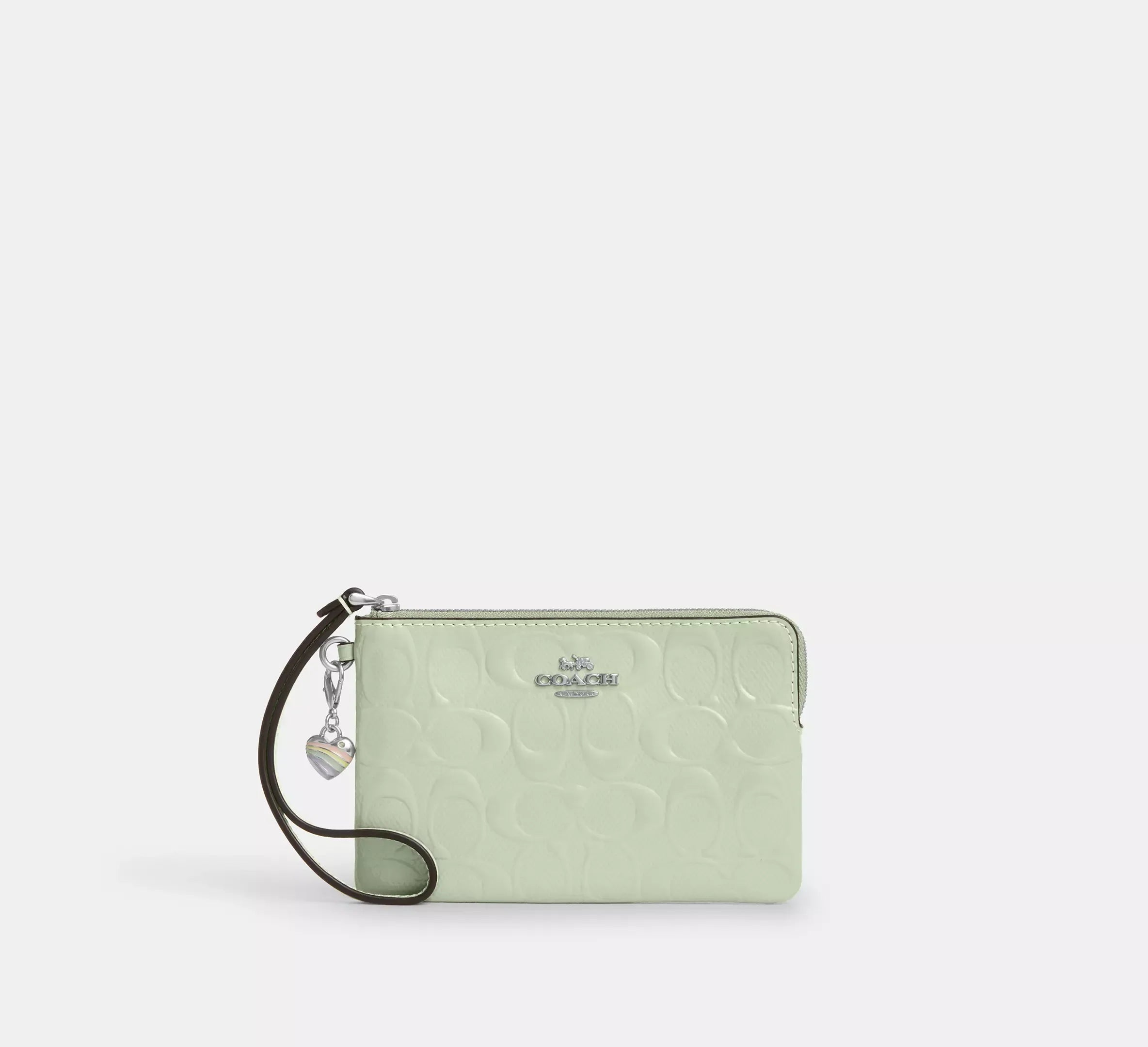 Coach Corner Zip Wristlet In Signature Leather With Heart Charm – Silver/Pale Green - Sneaker Türkiye