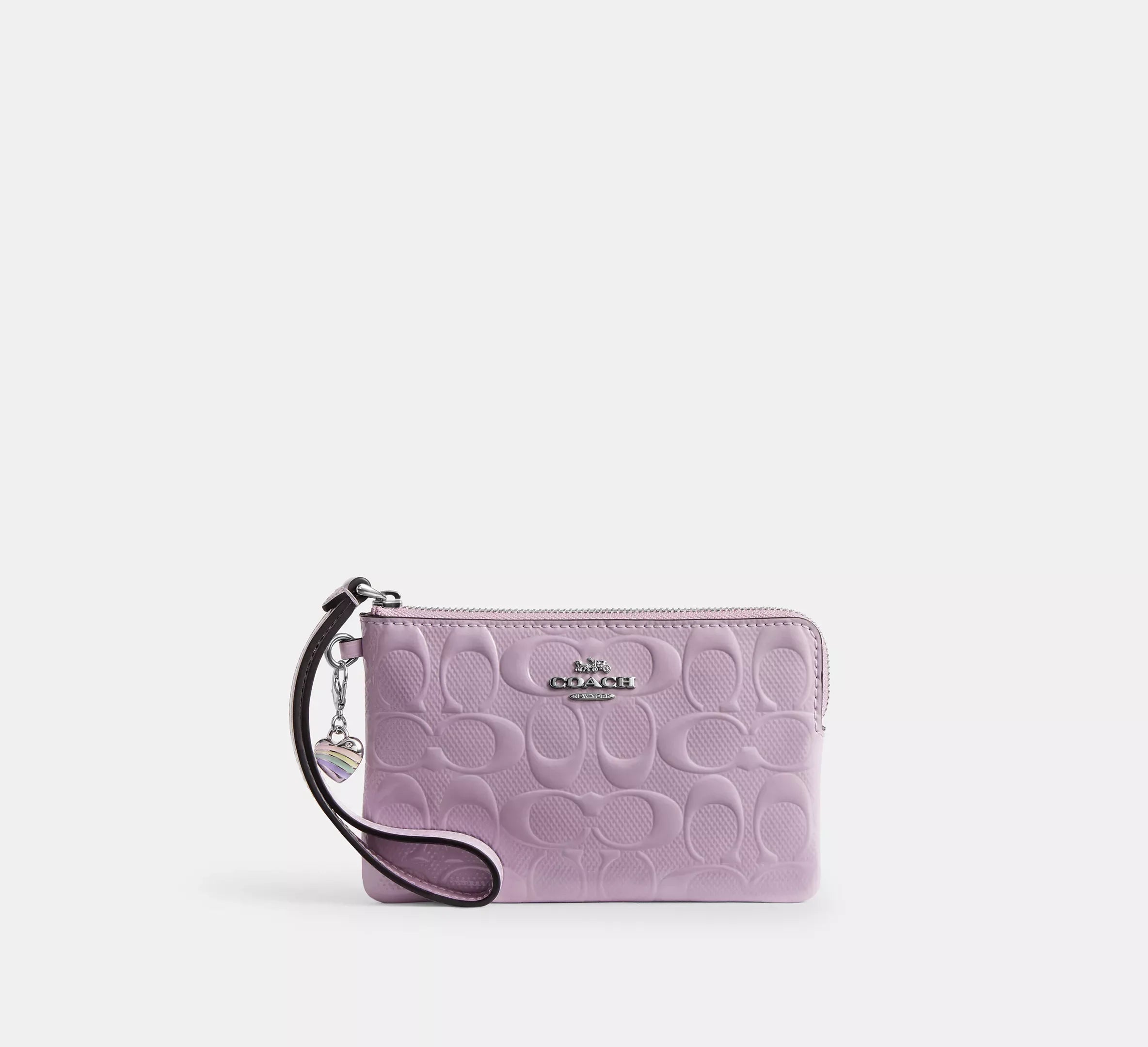Coach Corner Zip Wristlet In Signature Leather With Heart Charm – Silver/Light Violet - Sneaker Türkiye