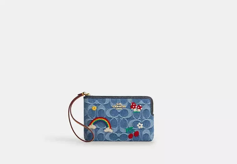Coach Corner Zip Wristlet In Signature Denim – Gold/Indigo Multi - Sneaker Türkiye