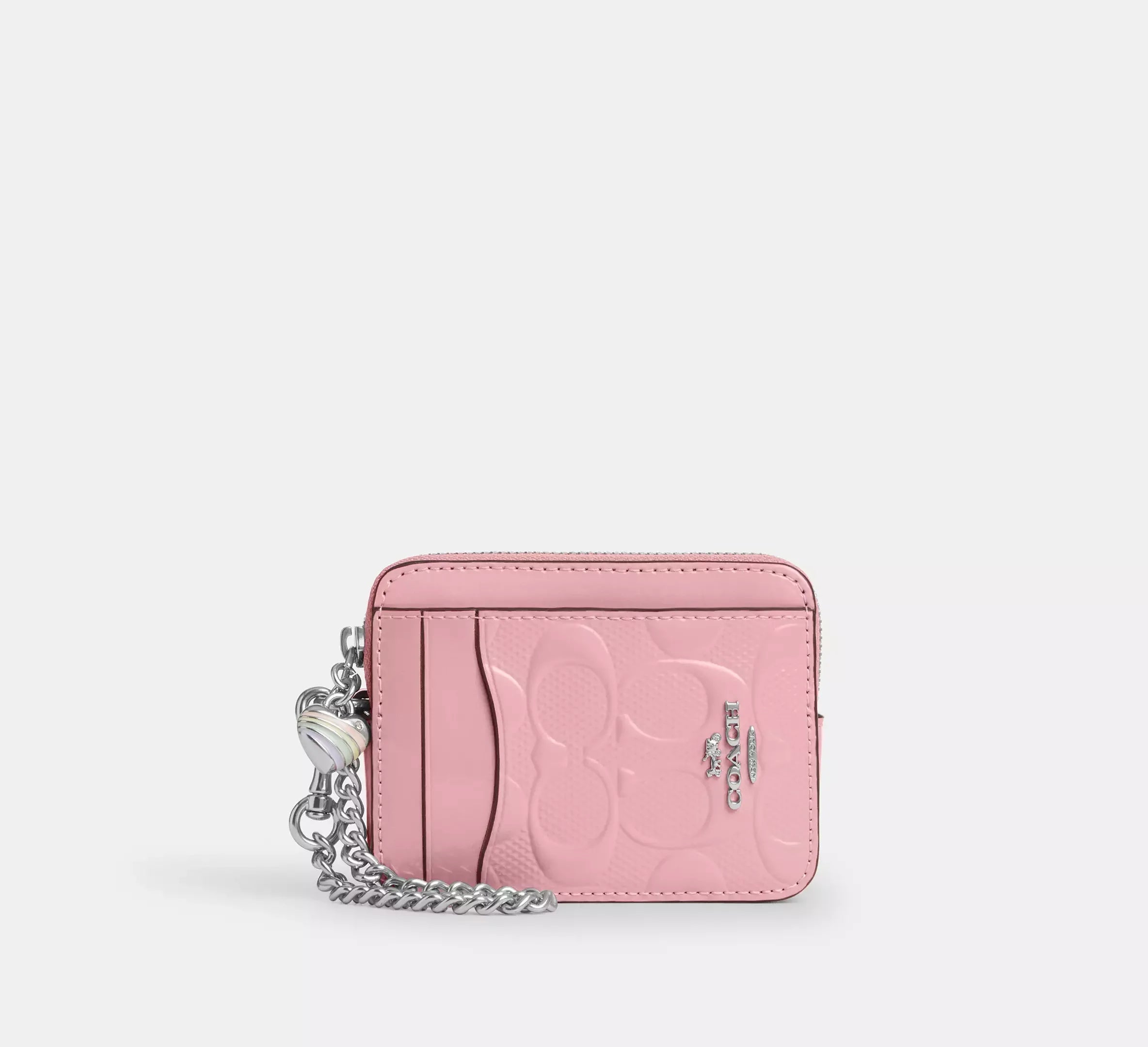 Coach Zip Card Case In Signature Leather With Heart Charm – Silver - Sneaker Türkiye