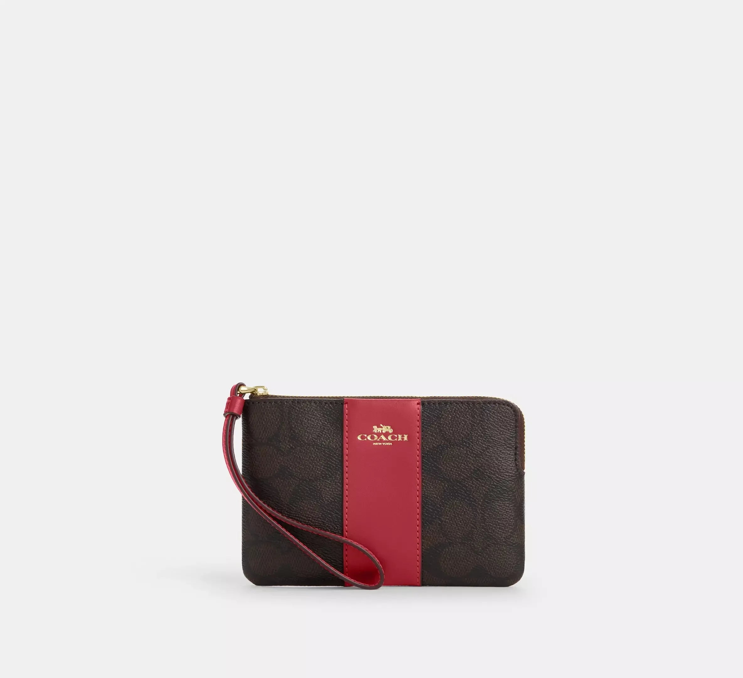Coach Corner Zip Wristlet In Signature With Stripe – Im/Walnut/True Red - Sneaker Türkiye