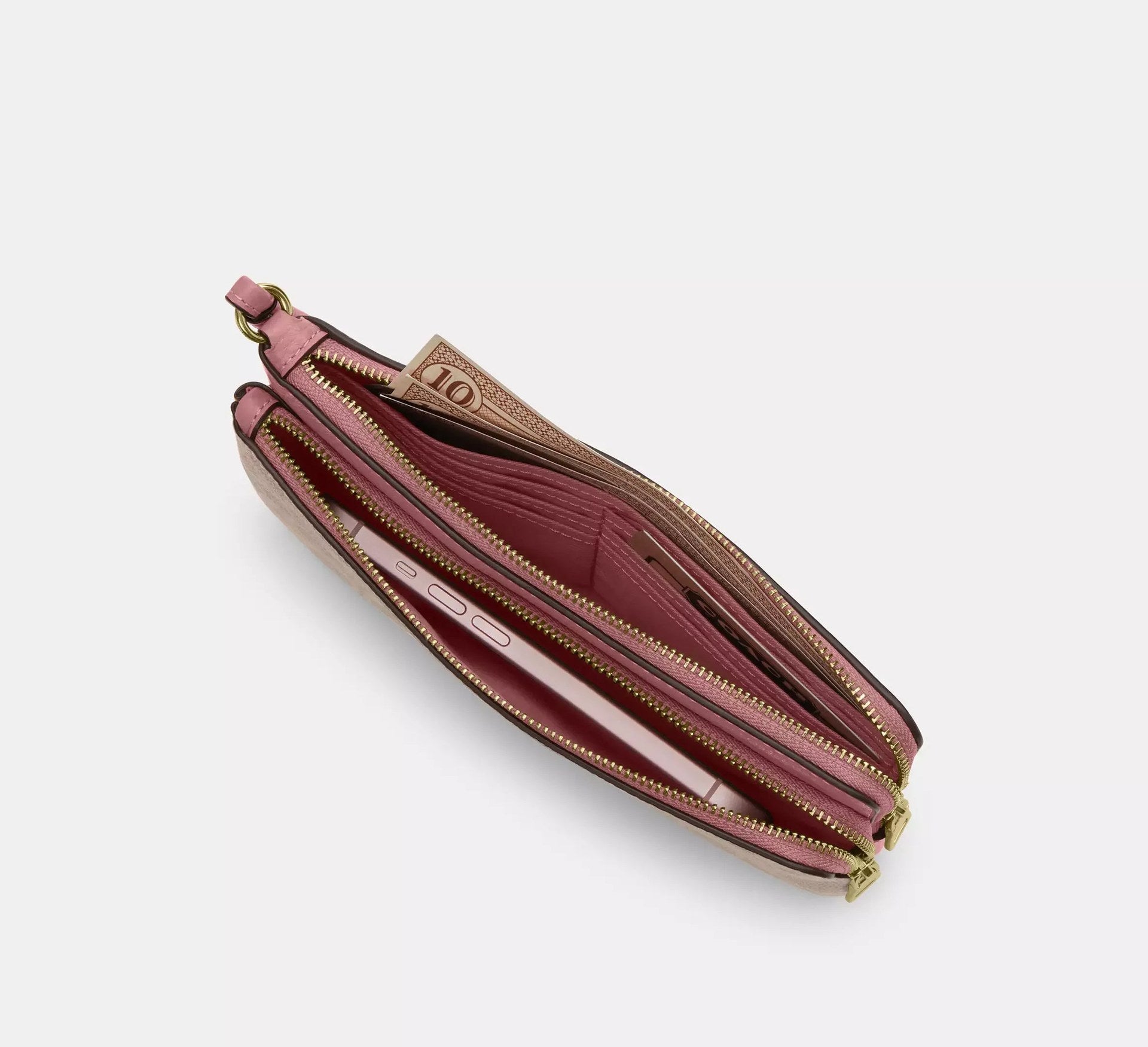 Coach Double Zip Wallet In Signature – Gold/Sand/Peony - Sneaker Türkiye