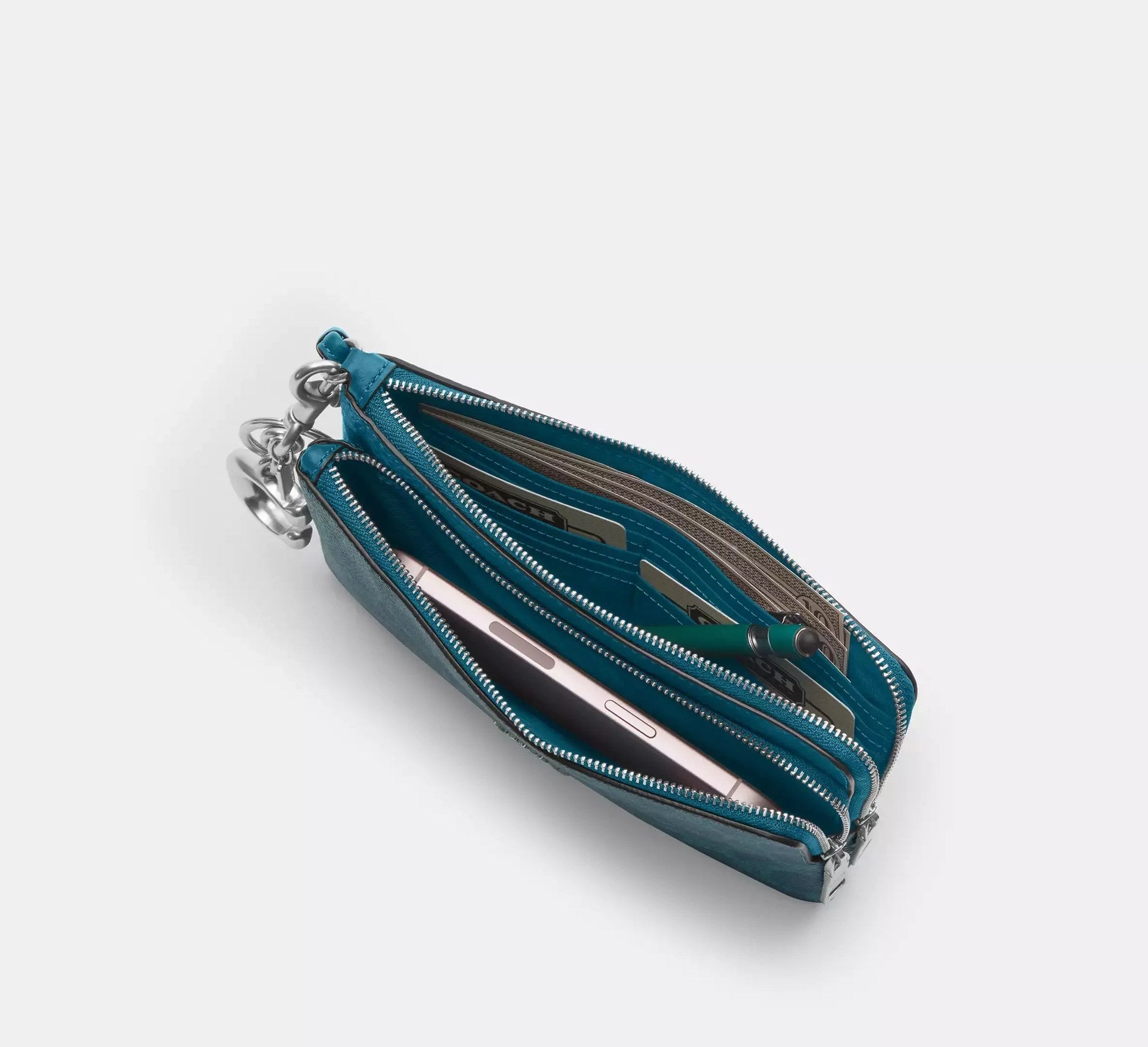 Coach Double Zip Wallet In Signature – Silver/Aquamarine - Sneaker Türkiye